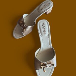 Y2K Snakeskin Peep-toe Kitten Heel W/Gold Buckle Accents & Bow. US 8.